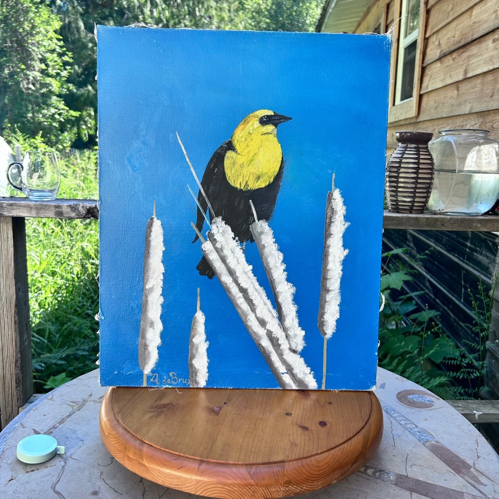 Vintage Yellow Headed Blackbird Painting 16x20 Blue Original Art deBruyn Art